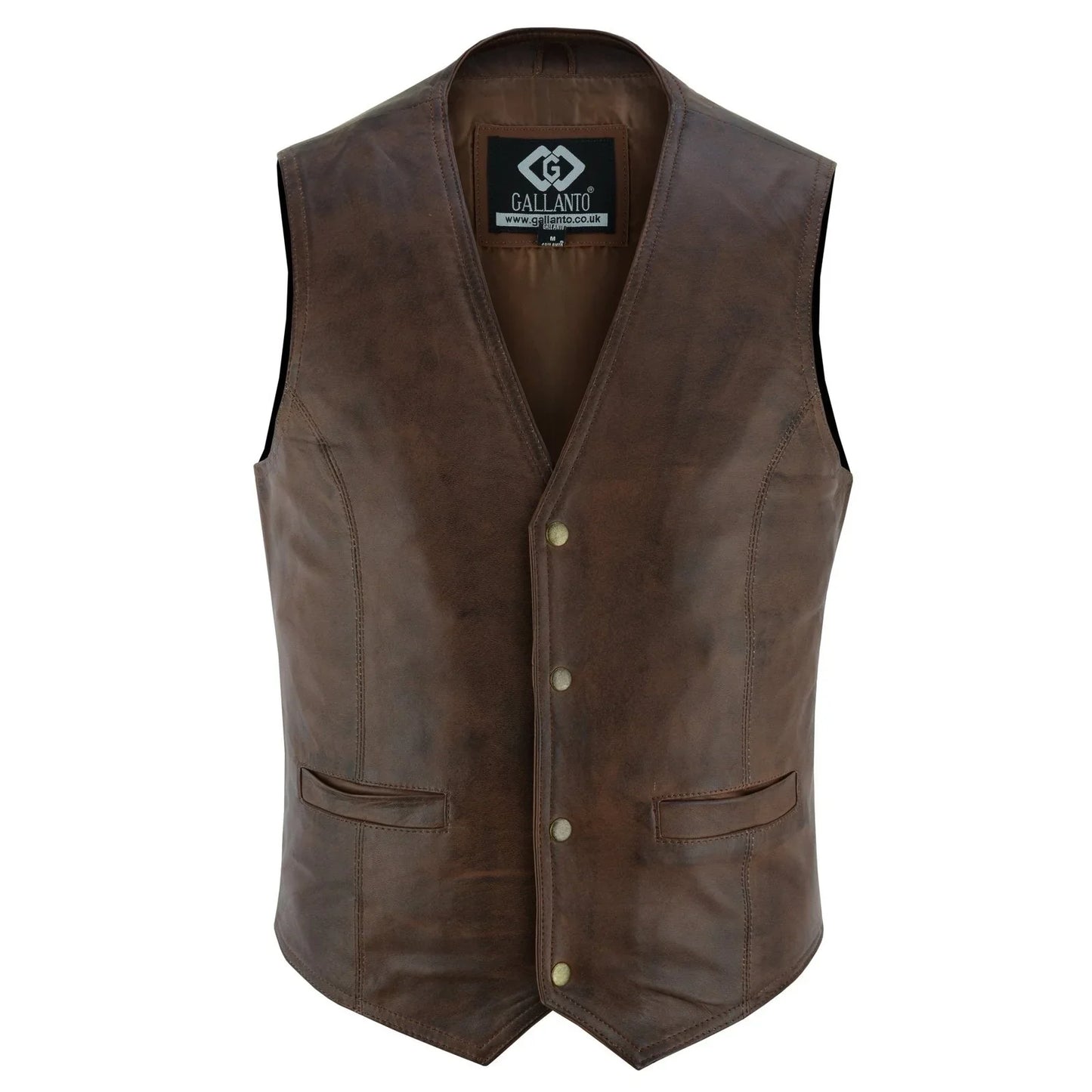 mens brown leather waistcoat vest with snap button -
