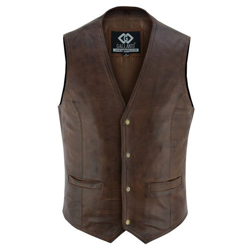 Mens Brown Leather Waistcoat Vest with Snap Button -