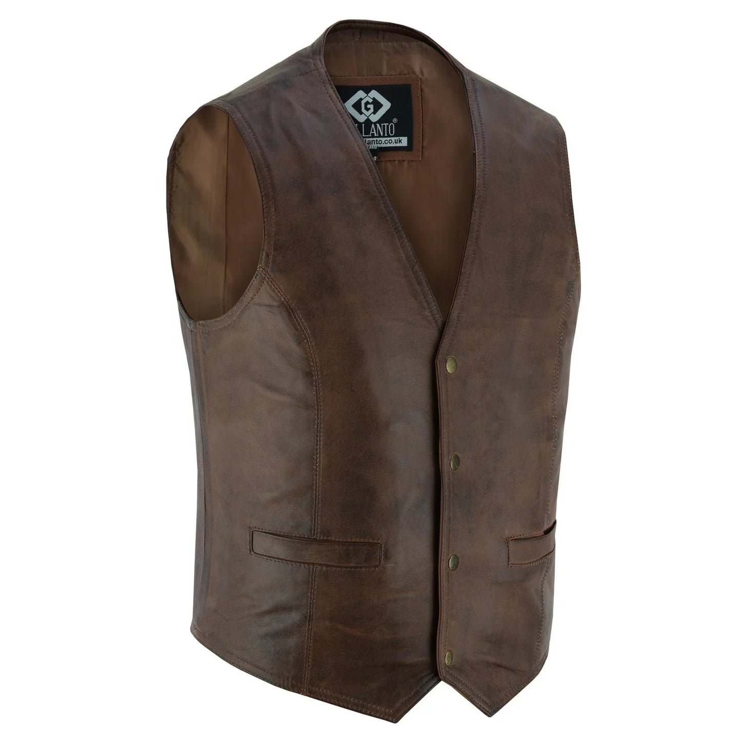 mens brown leather waistcoat vest with snap button -