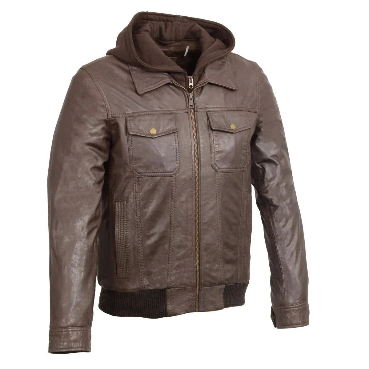 men's brown leather zipper bomber jacket with zip off hoodie -