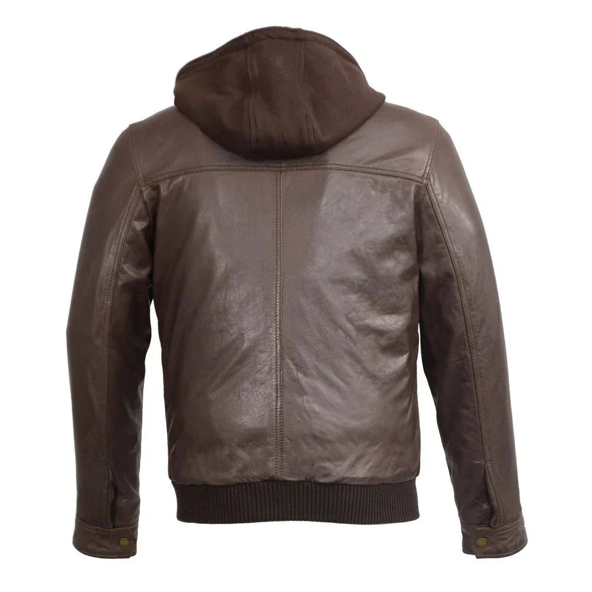 men's brown leather zipper bomber jacket with zip off hoodie -