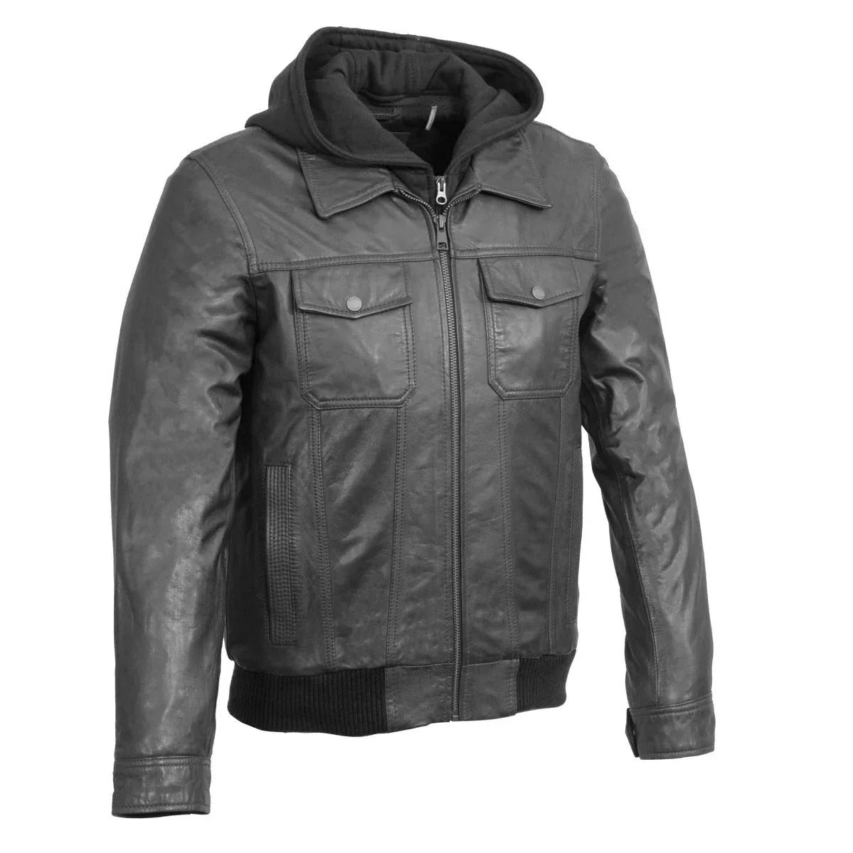 men's brown leather zipper bomber jacket with zip off hoodie -