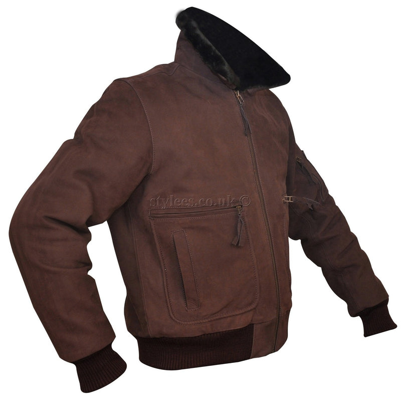Men's Brown Nubuck Leather Fur Bomber Pilot Jacket -