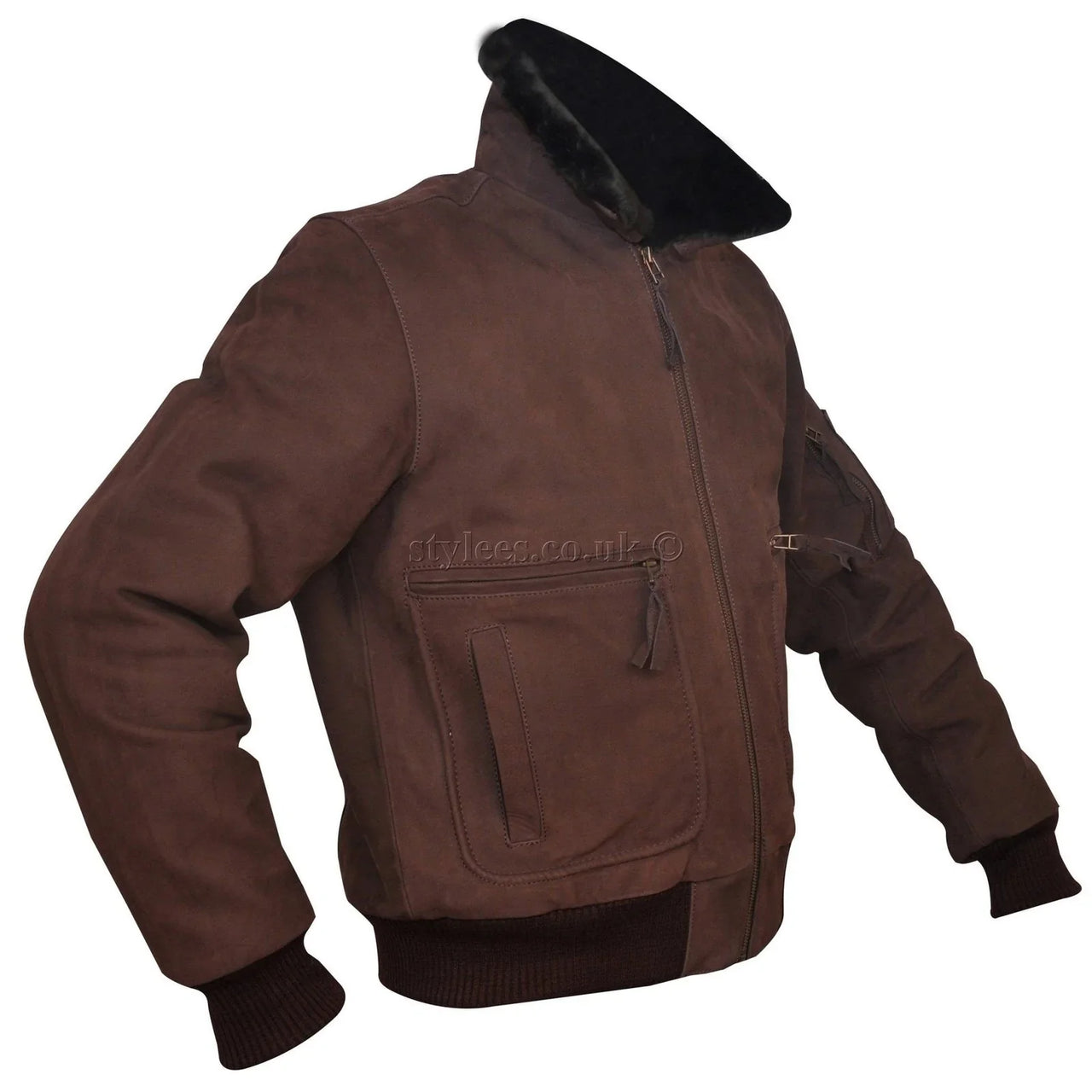 Men's Brown Nubuck Leather Fur Bomber Pilot Jacket -