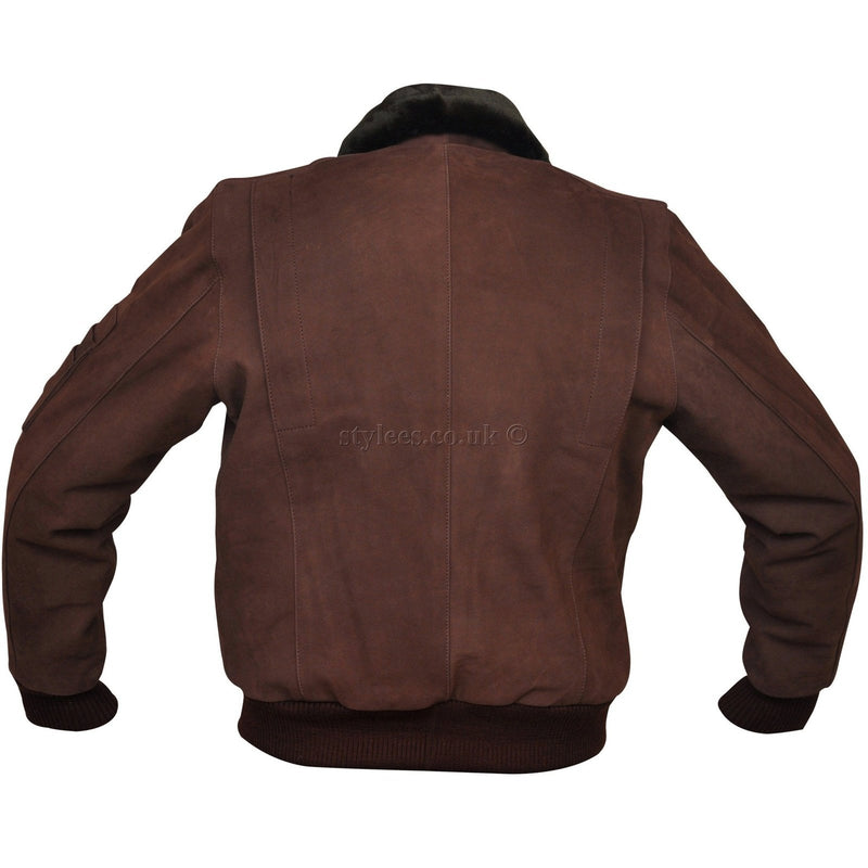 Men's Brown Nubuck Leather Fur Bomber Pilot Jacket -