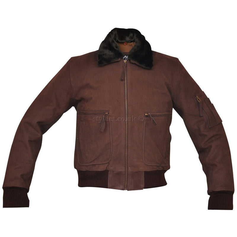 Men's Brown Nubuck Leather Fur Bomber Pilot Jacket -