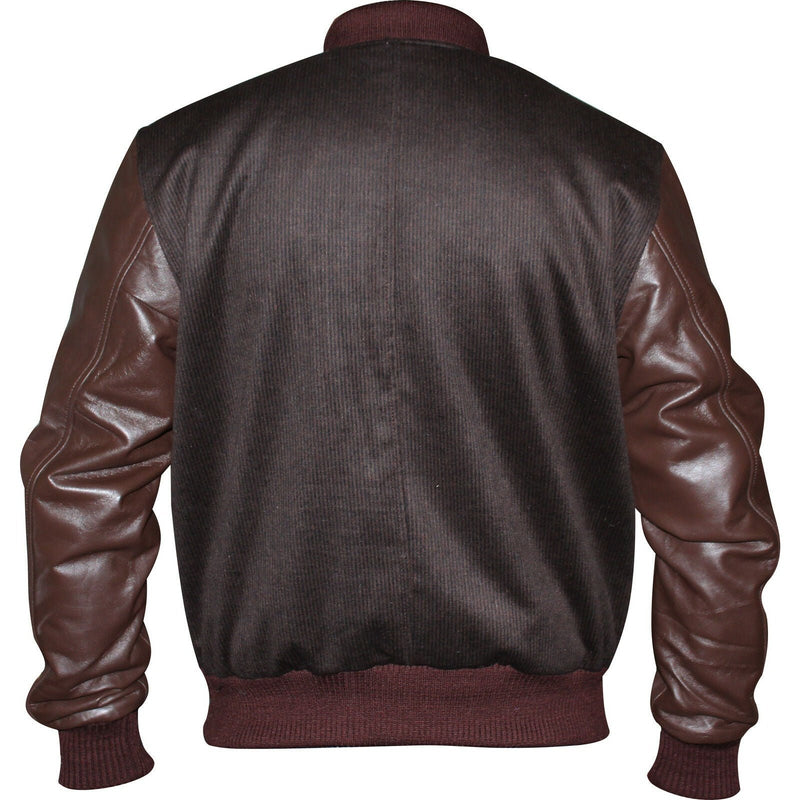 Mens Brown Tweed Casual Bomber Jacket with real leather sleeves -