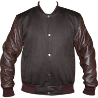 Mens Brown Tweed Casual Bomber Jacket with real leather sleeves -