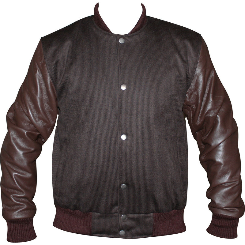 Mens Brown Tweed Casual Bomber Jacket with real leather sleeves -