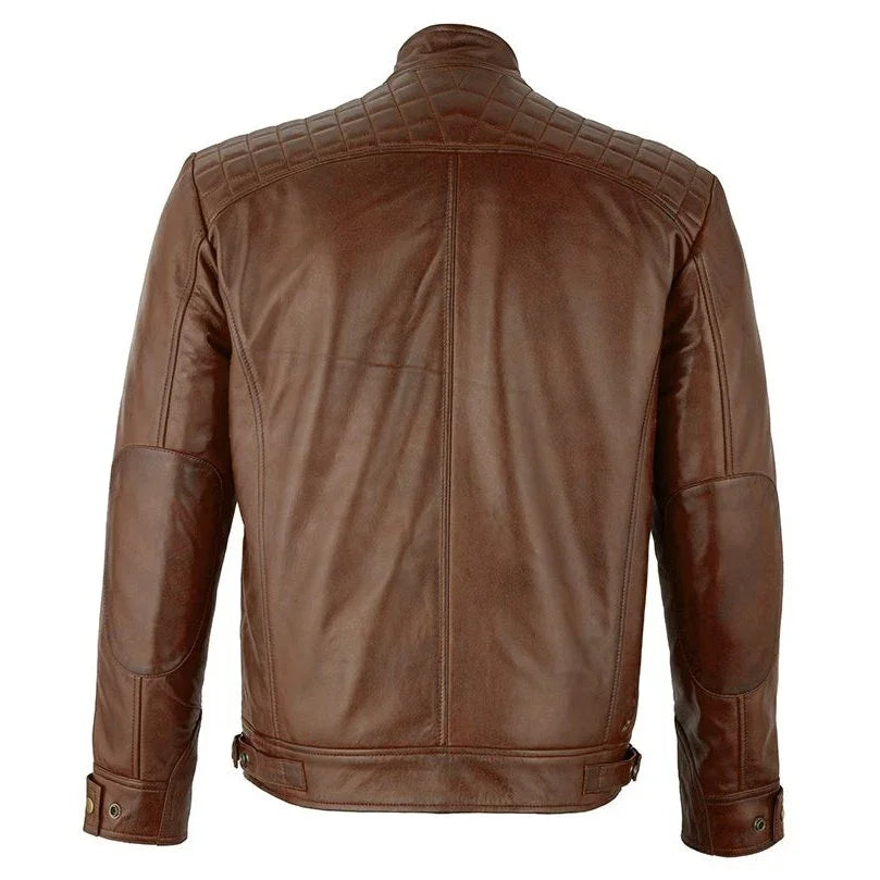 mens brown zipped diamond leather jacket -