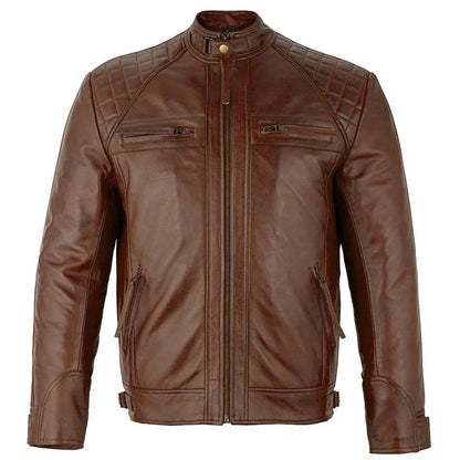 Mens Brown Zipped Diamond Leather Jacket -