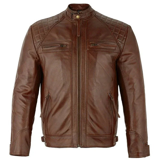 Mens Brown Zipped Diamond Leather Jacket -