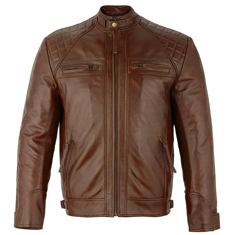Mens Brown Zipped Diamond Leather Jacket -