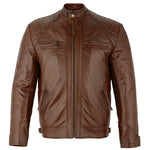 Mens Brown Zipped Diamond Leather Jacket -