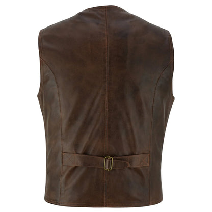 Mens Buttoned Classic Brown Soft Leather Waistcoat Vest -