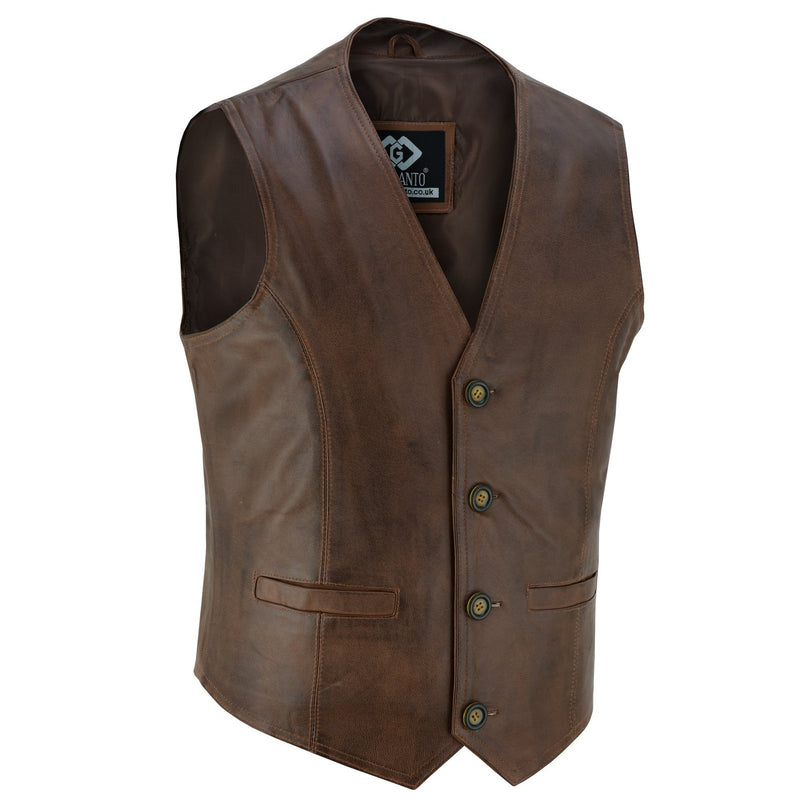 Mens Buttoned Classic Brown Soft Leather Waistcoat Vest -