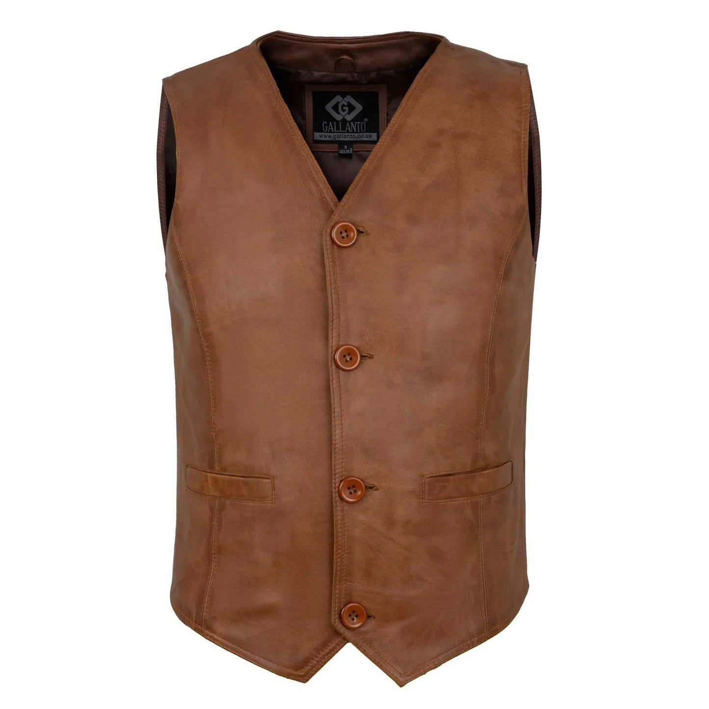 mens buttoned tan leather waistcoat -