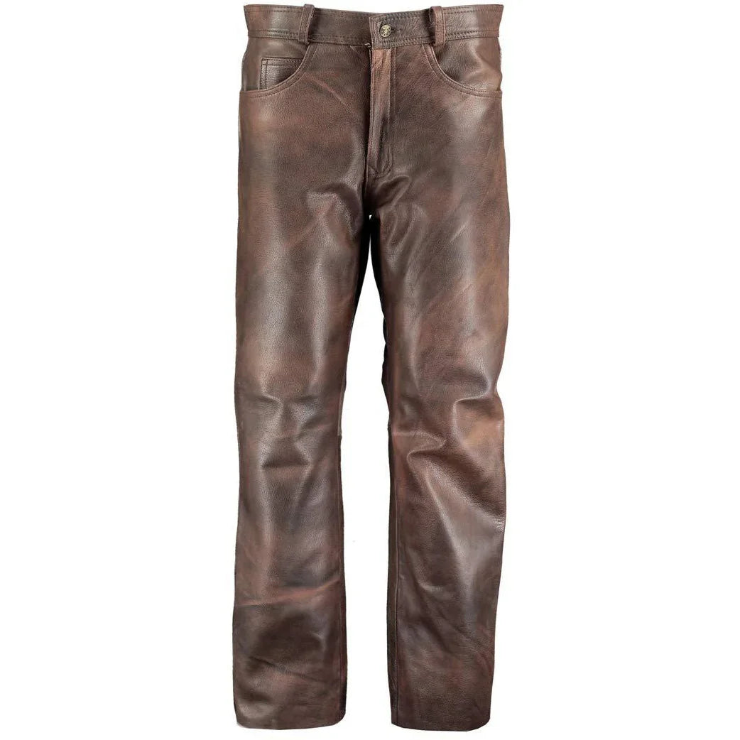 men's classic brown leather biker trousers -