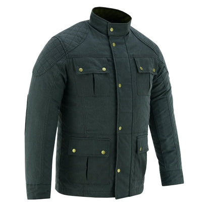Men's Classic Green Waxed Cotton Motorcycle Jacket Textile Biker Armoured vintag -