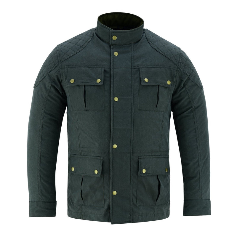 Men's Classic Green Waxed Cotton Motorcycle Jacket Textile Biker Armoured vintag -