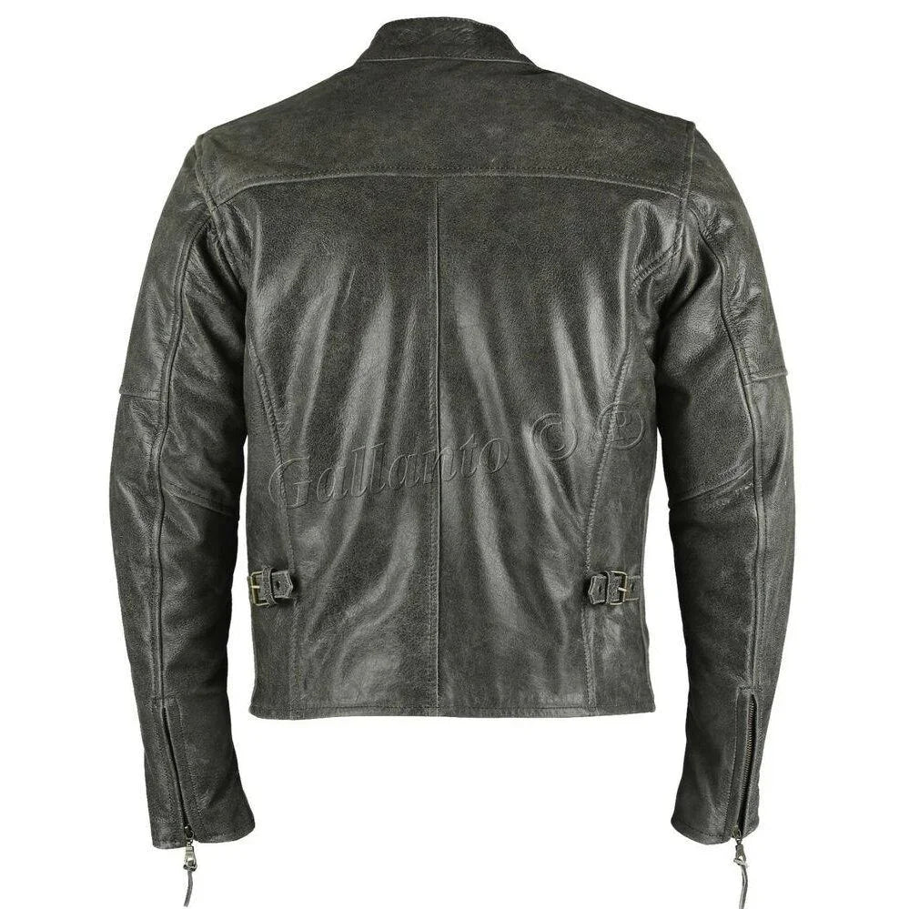 men's collarless distressed leather biker motorcycle armoured jacket -