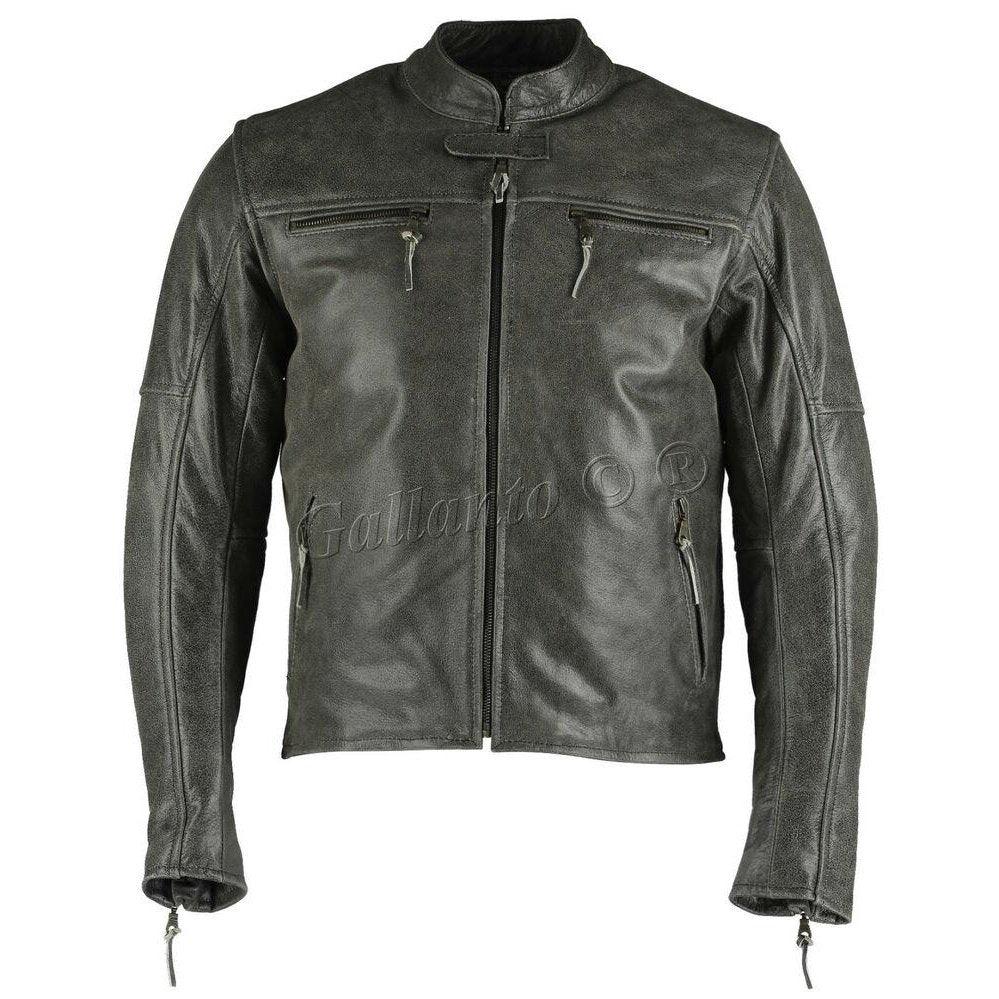 men's collarless distressed leather biker motorcycle armoured jacket -