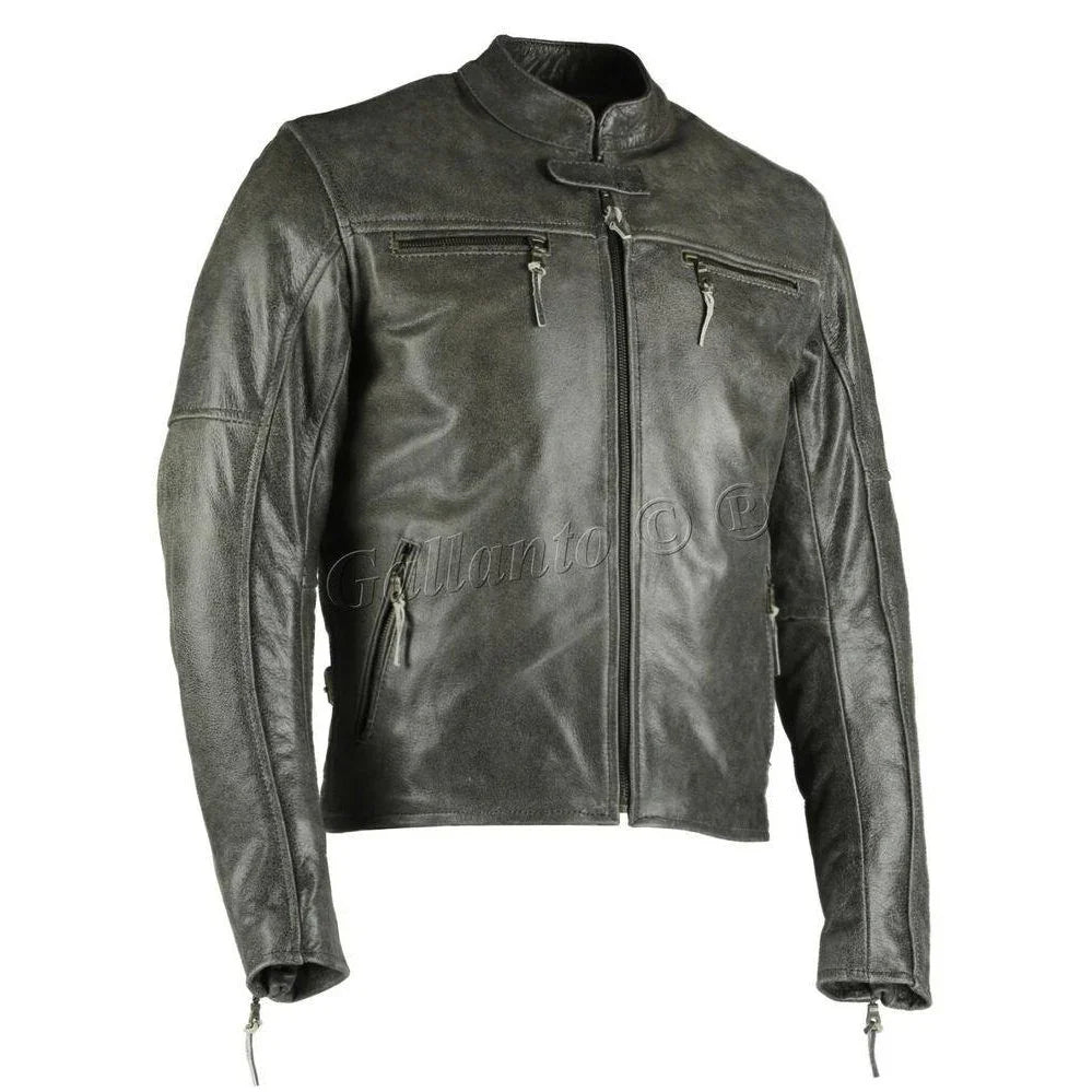 men's collarless distressed leather biker motorcycle armoured jacket -
