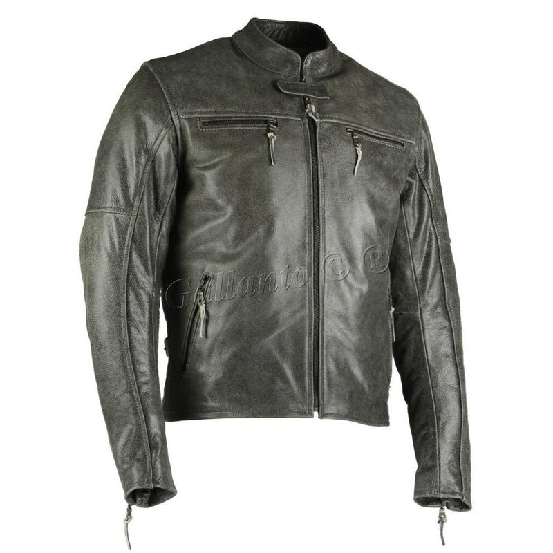 Men's Collarless Distressed Leather Biker Motorcycle Armoured Jacket -