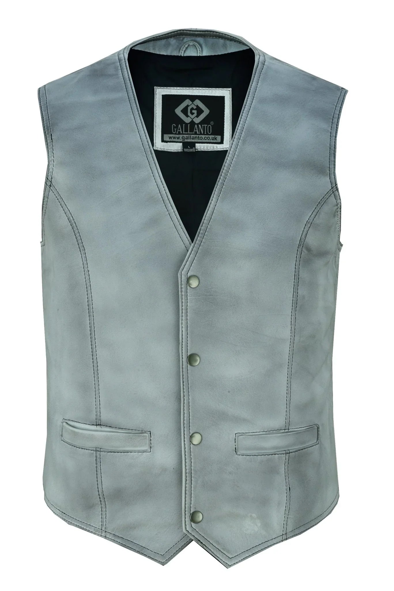 mens dirty grey leather waistcoat vest with snap button -