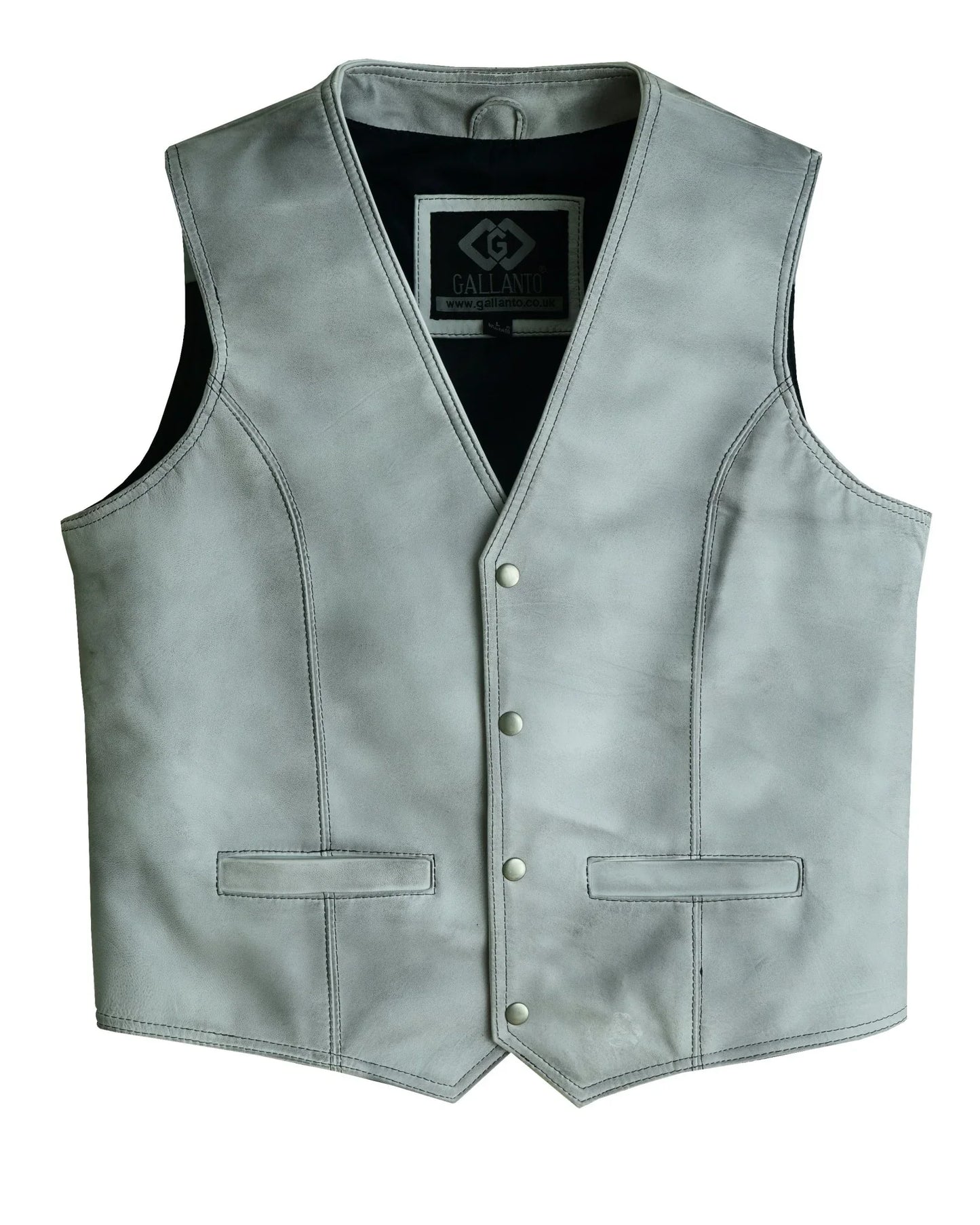 mens dirty grey leather waistcoat vest with snap button -