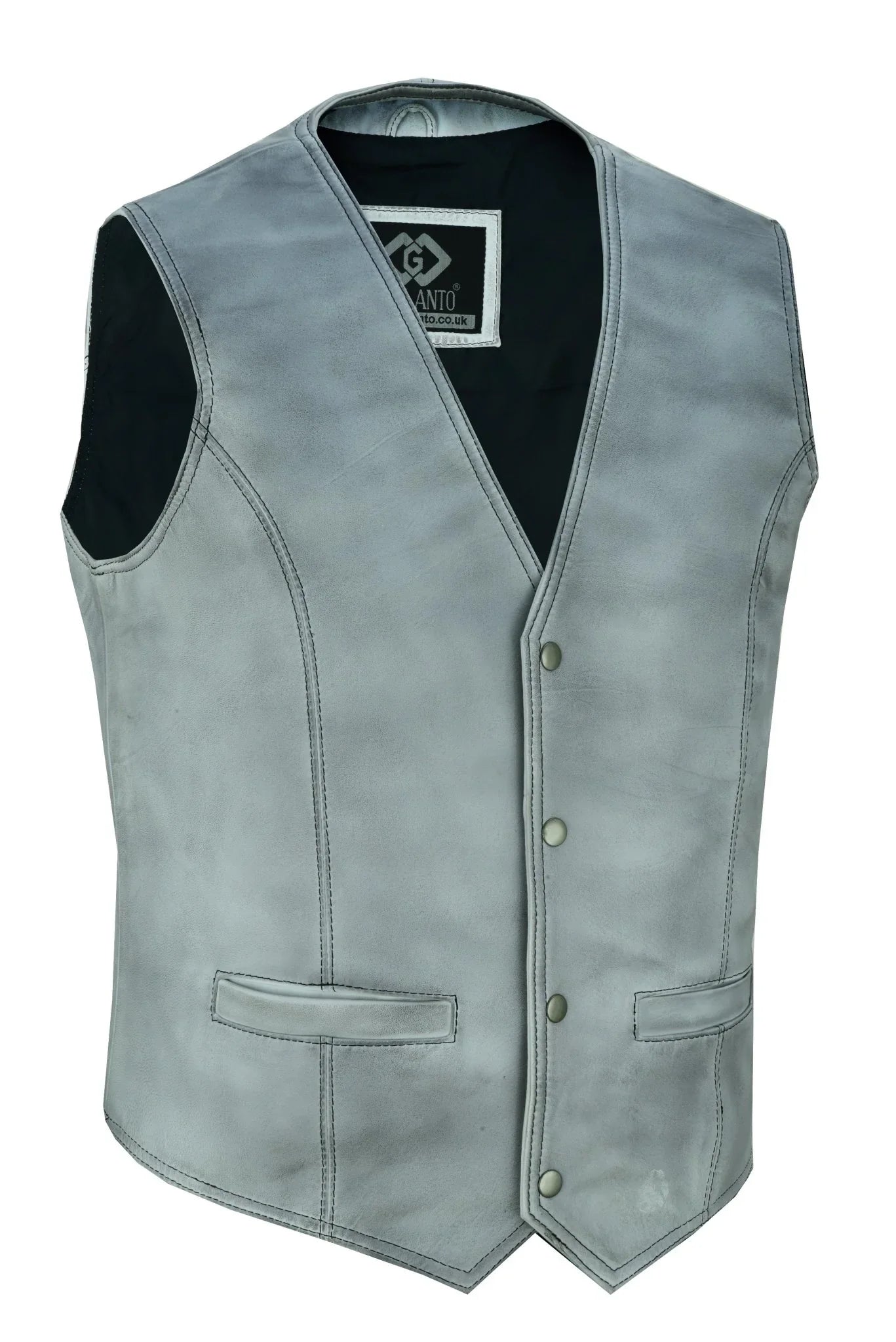 mens dirty grey leather waistcoat vest with snap button -