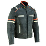 Men’s Distressed Orange & Creme Stripes Motorcycle Leather Jacket -