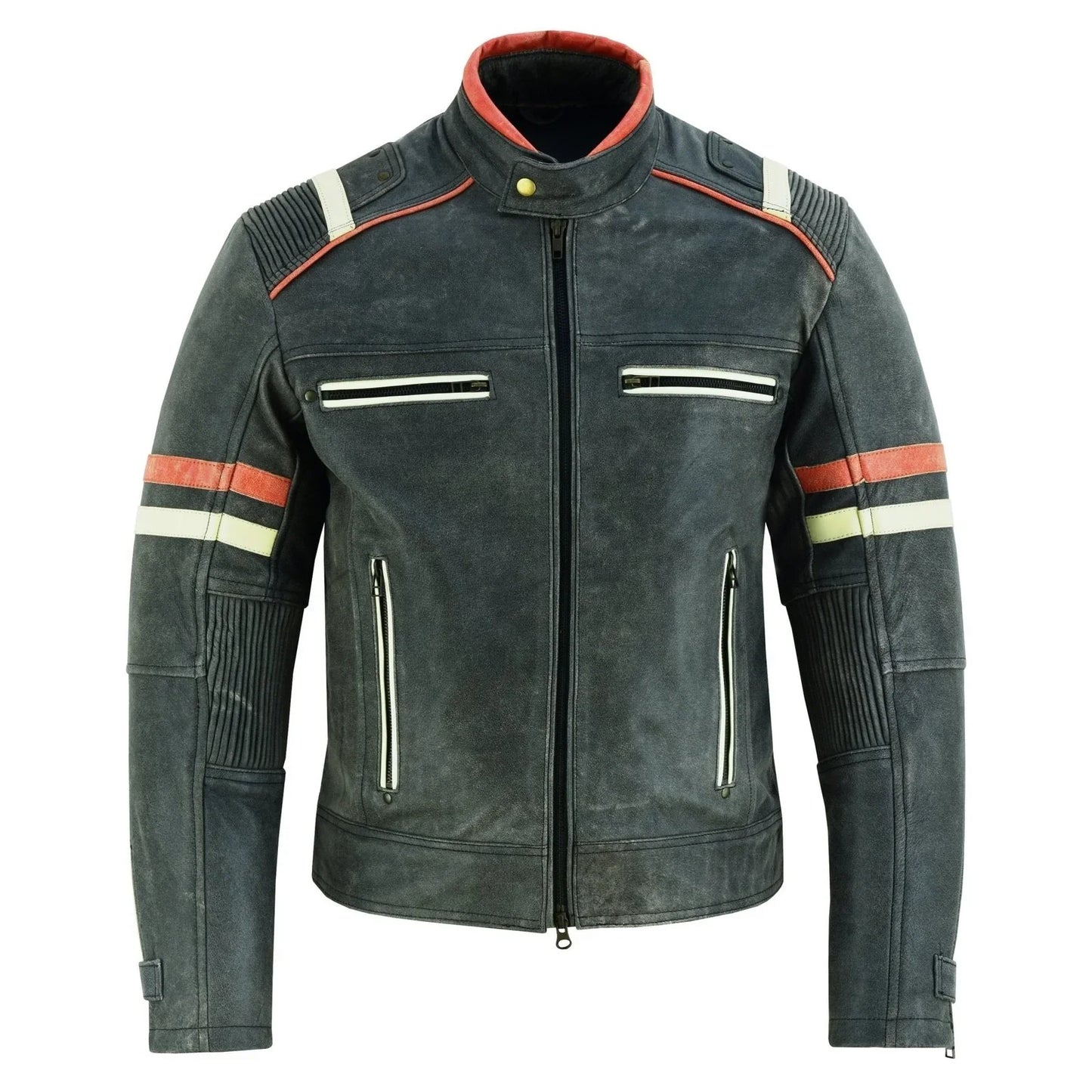 men’s distressed orange & creme stripes motorcycle leather jacket -