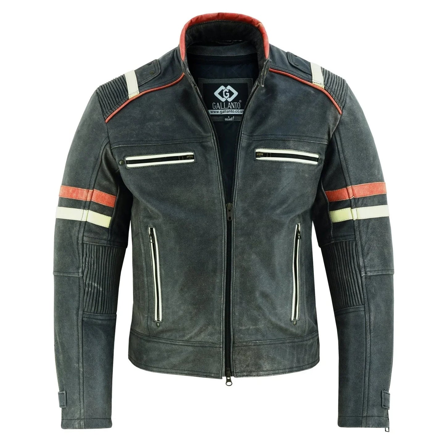 men’s distressed orange & creme stripes motorcycle leather jacket -
