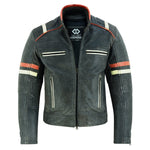 Men’s Distressed Orange & Creme Stripes Motorcycle Leather Jacket -