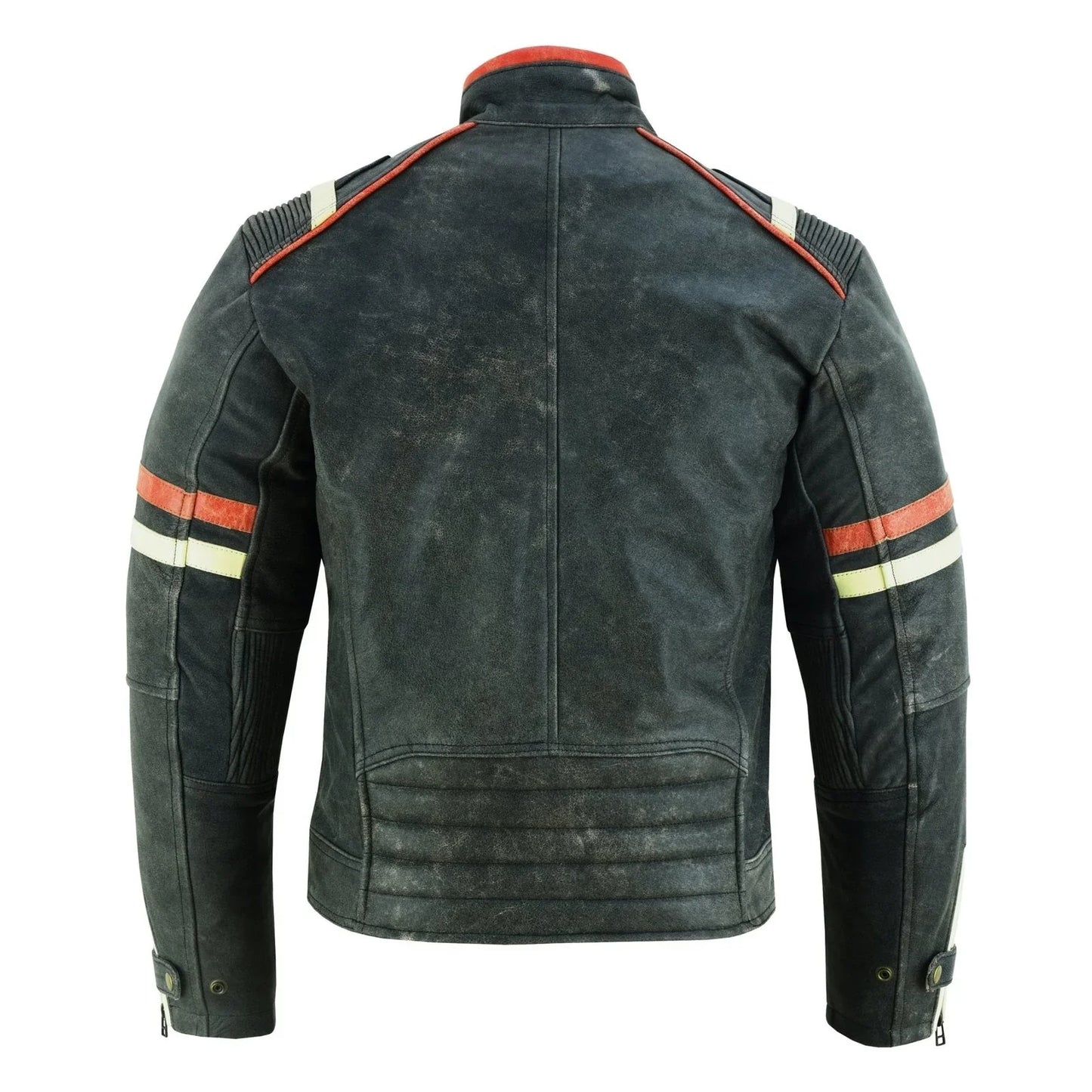 men’s distressed orange & creme stripes motorcycle leather jacket -