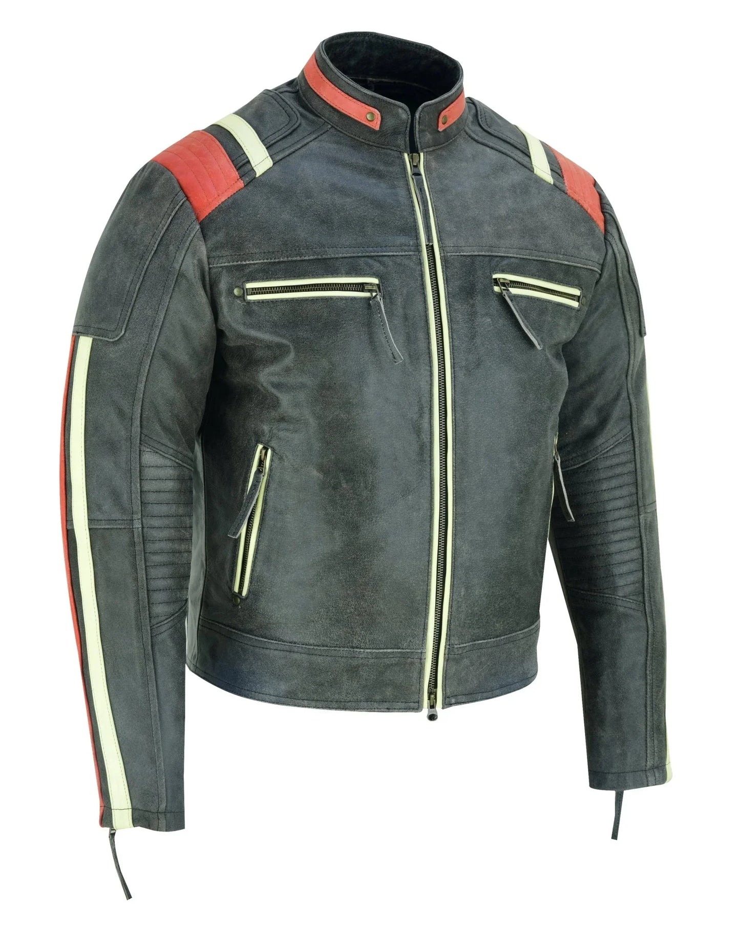 men’s distressed orange striped motorcycle cowhide leather jacket -