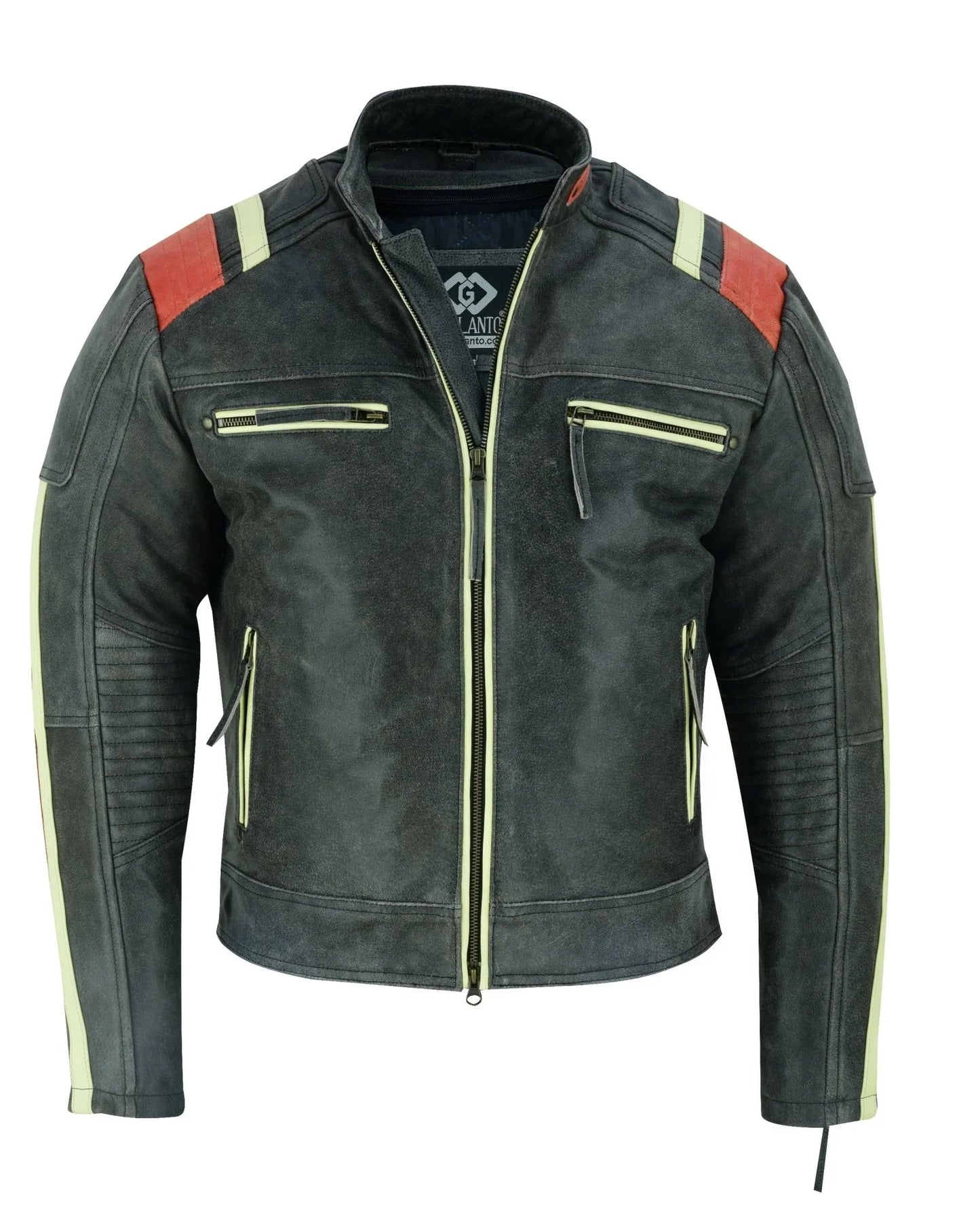 men’s distressed orange striped motorcycle cowhide leather jacket -