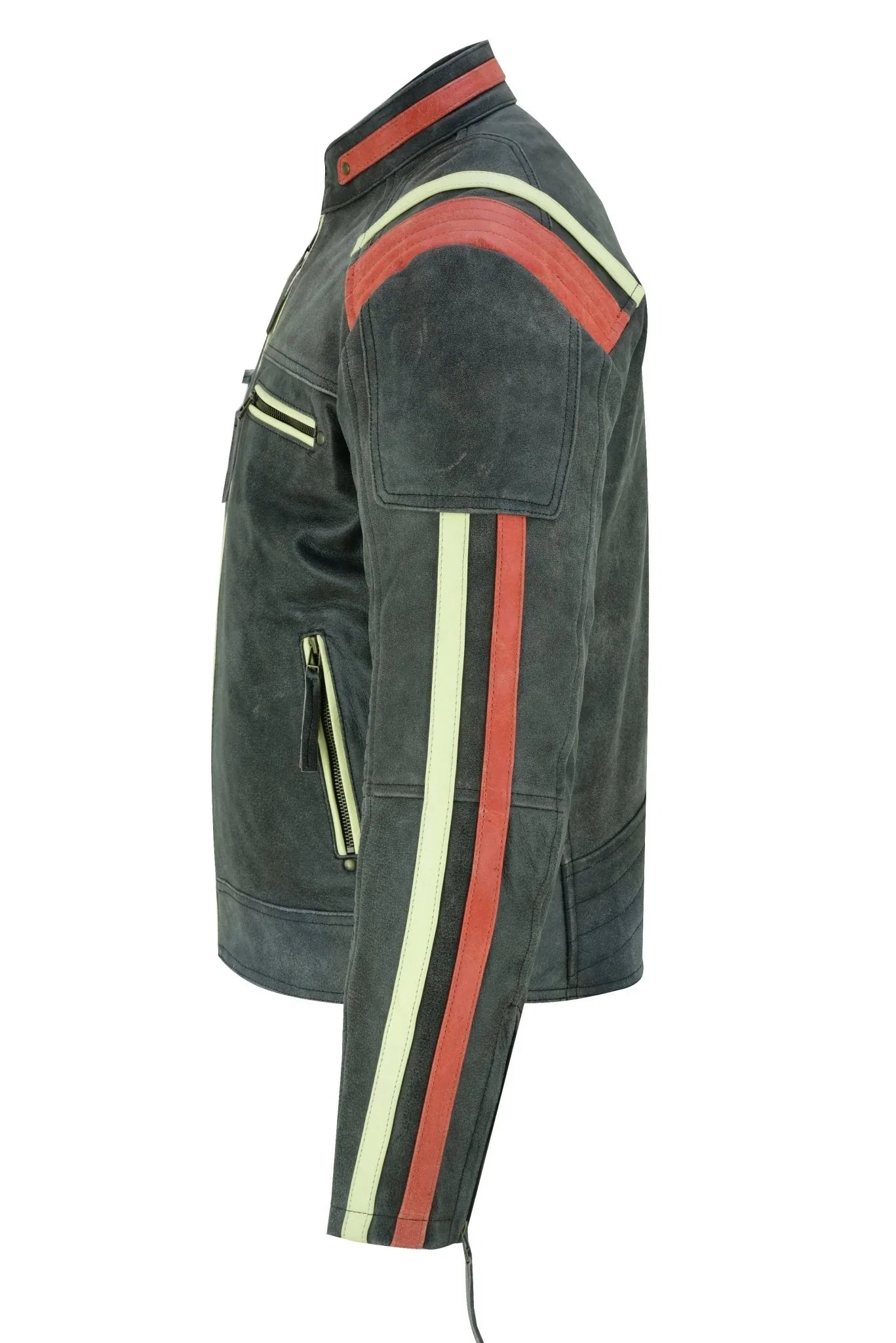 men’s distressed orange striped motorcycle cowhide leather jacket -
