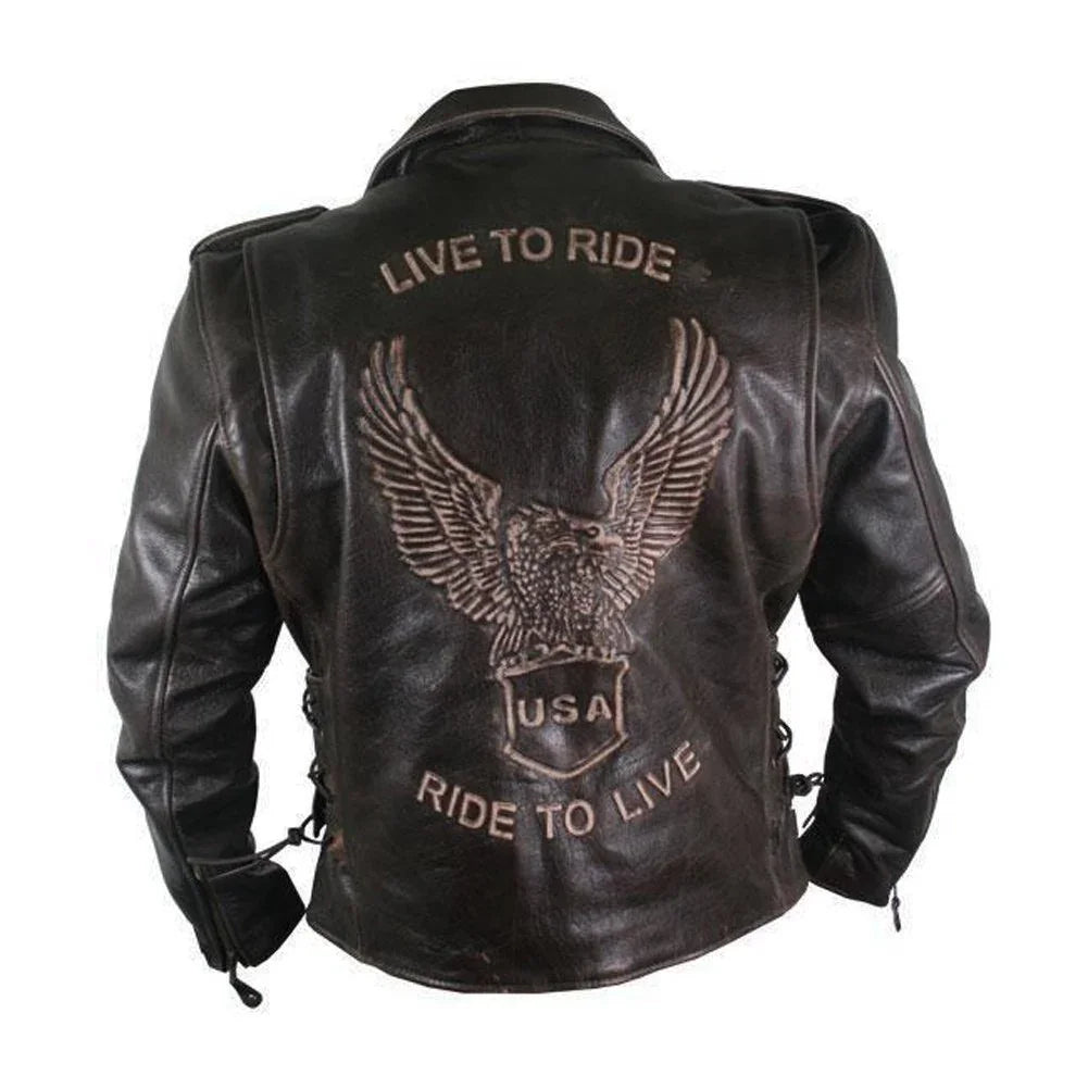 men's distressed retro brown usa embossed eagle leather jacket -