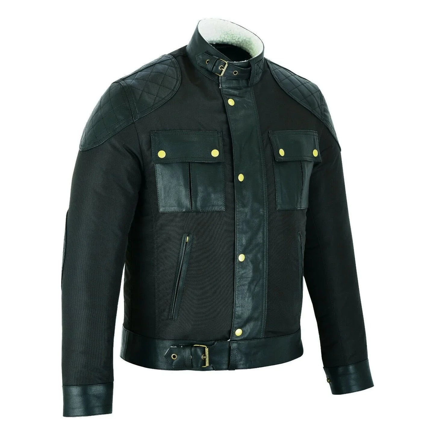 mens fabric fashion jacket biker style with cream fur & leather taslan sheepskin -