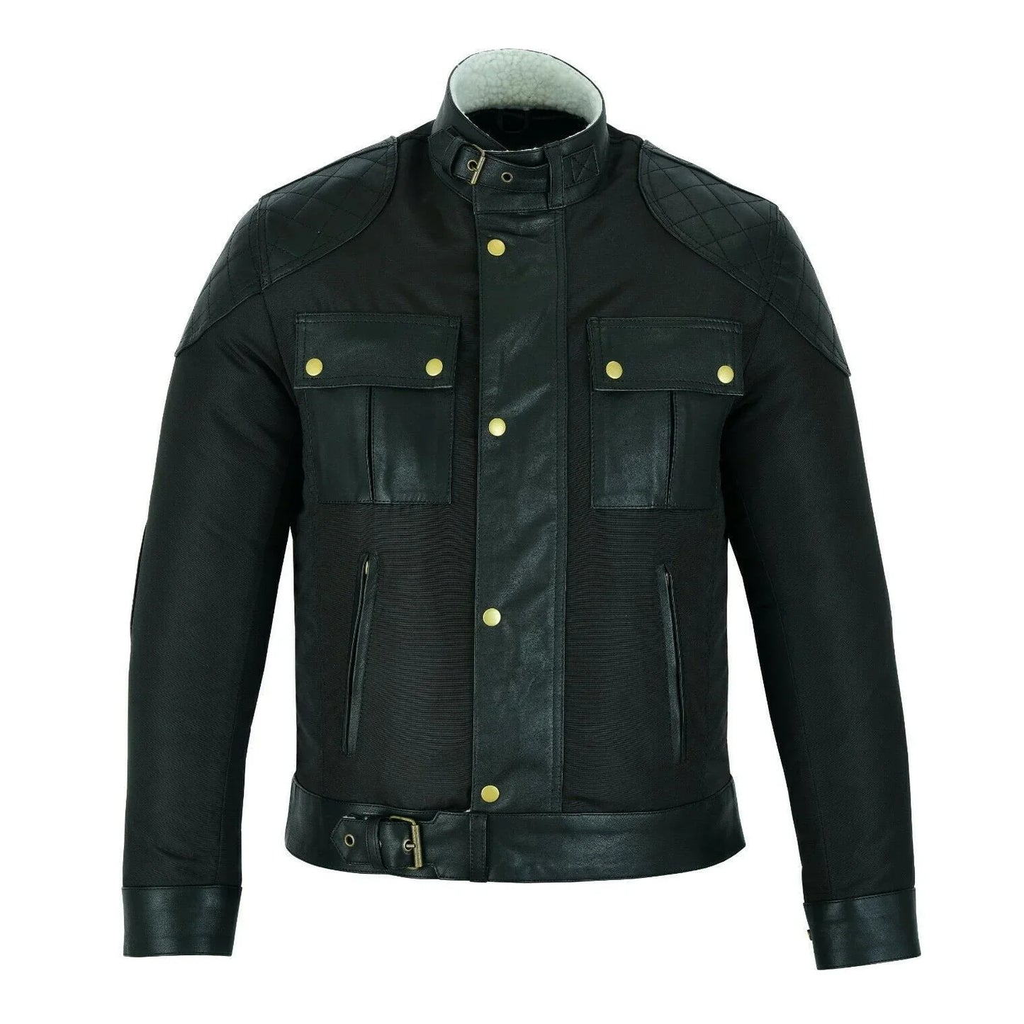 mens fabric fashion jacket biker style with cream fur & leather taslan sheepskin -