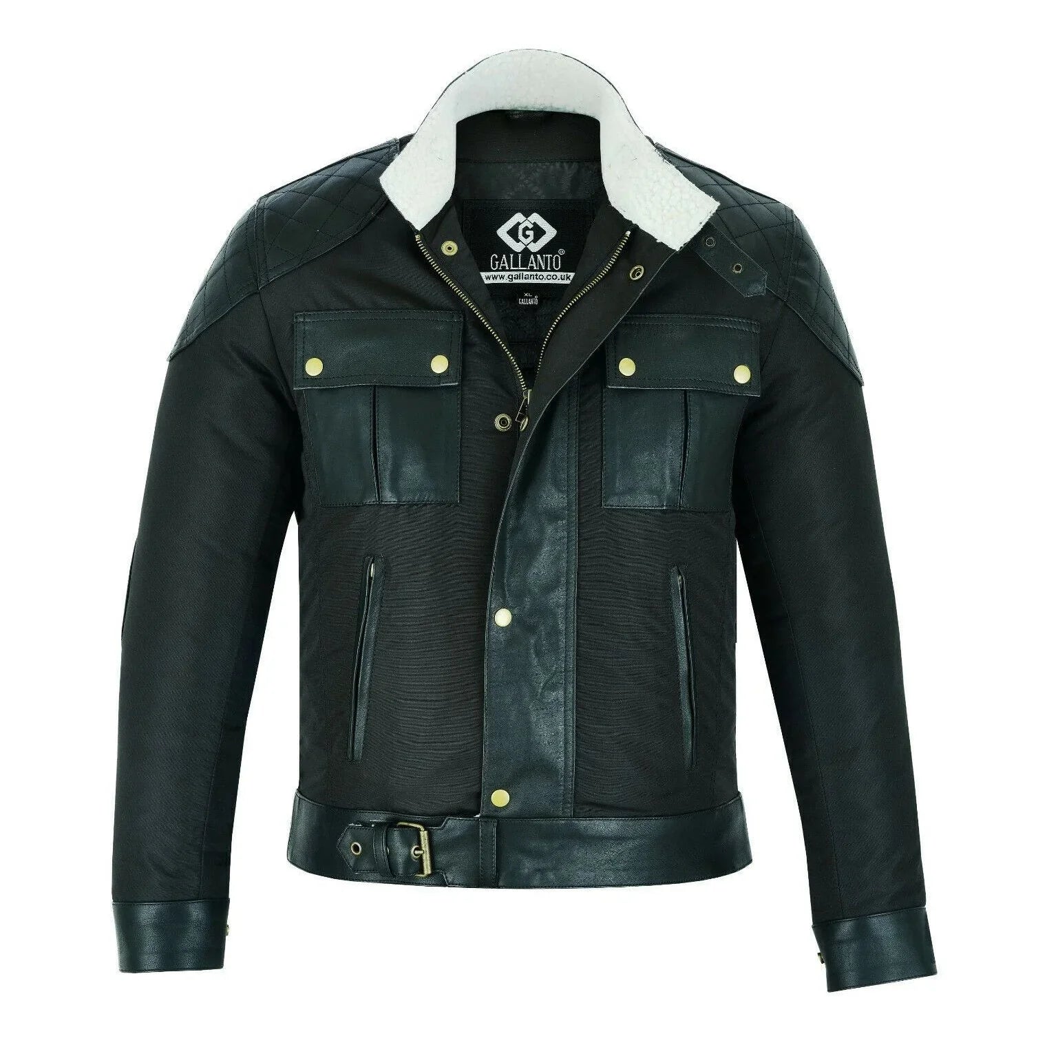 Mens Fabric Fashion Jacket Biker Style with Cream Fur Leather Taslan Vintage Leather