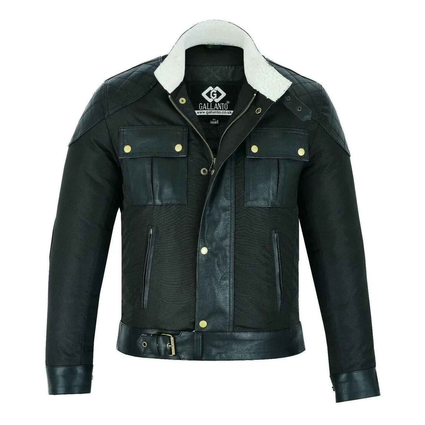 mens fabric fashion jacket biker style with cream fur & leather taslan sheepskin -