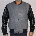 Mens Grey Tweed Casual Bomber Jacket with real leather sleeves -
