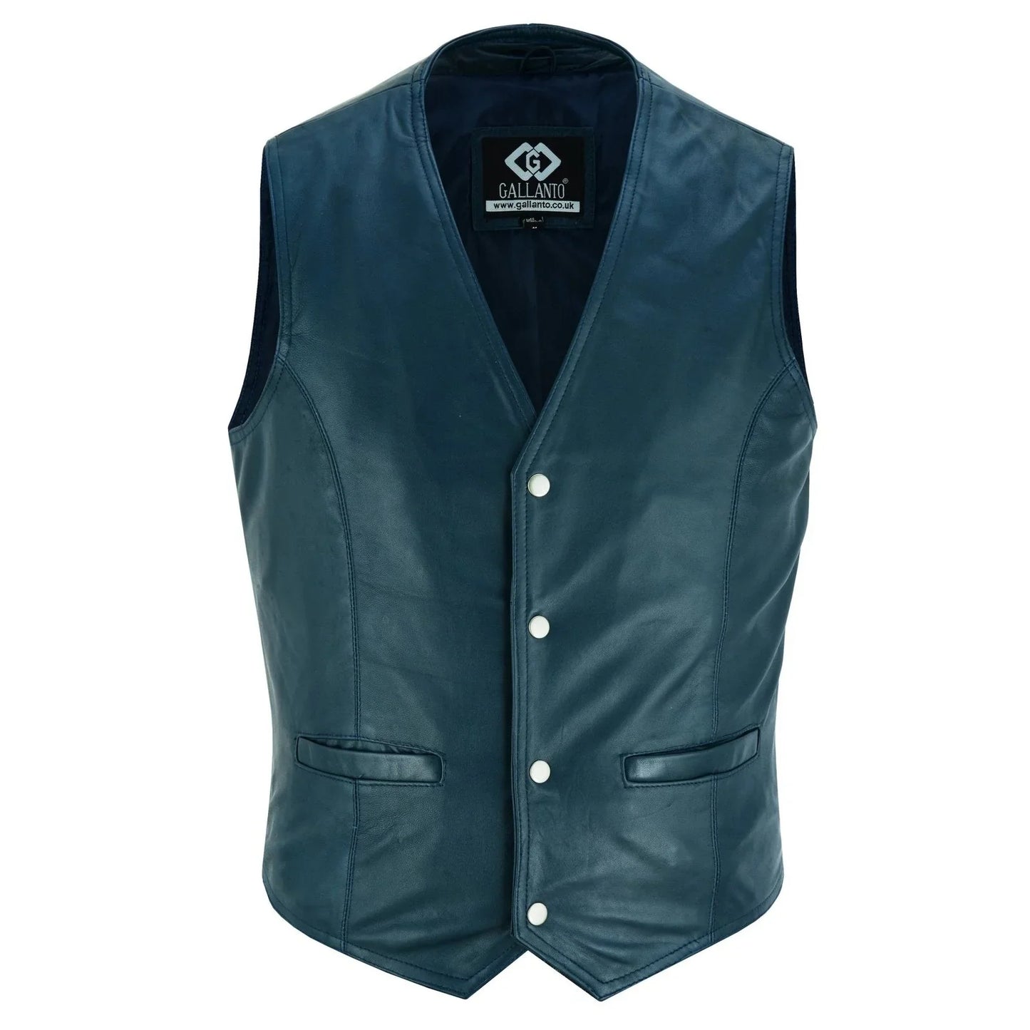 mens navy blue leather waistcoat vest with snap button -