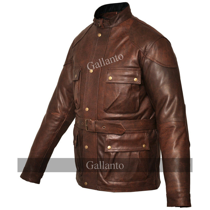 Men's Premium Brown Benjamin Button Long Leather Jacket -