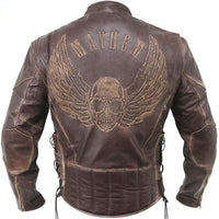 Men's Premium Brown Distressed Leather Flying Skull Racer Jacket -