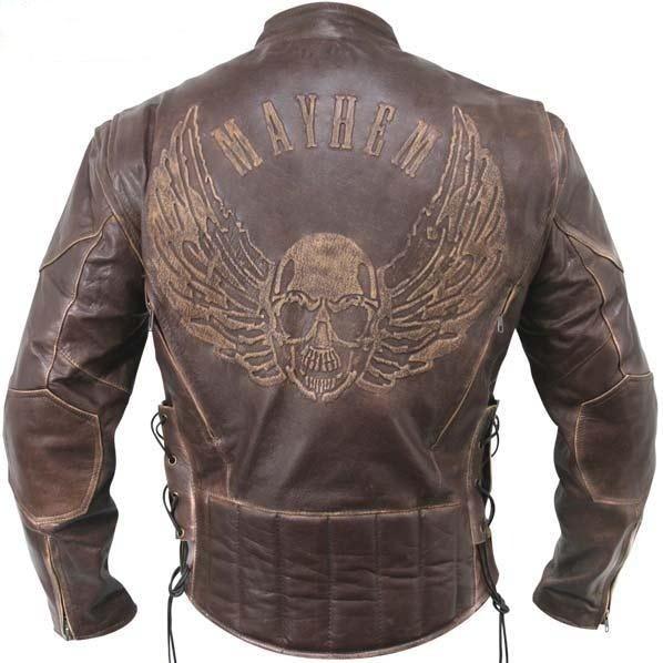 Men's Premium Brown Distressed Leather Flying Skull Racer Jacket -
