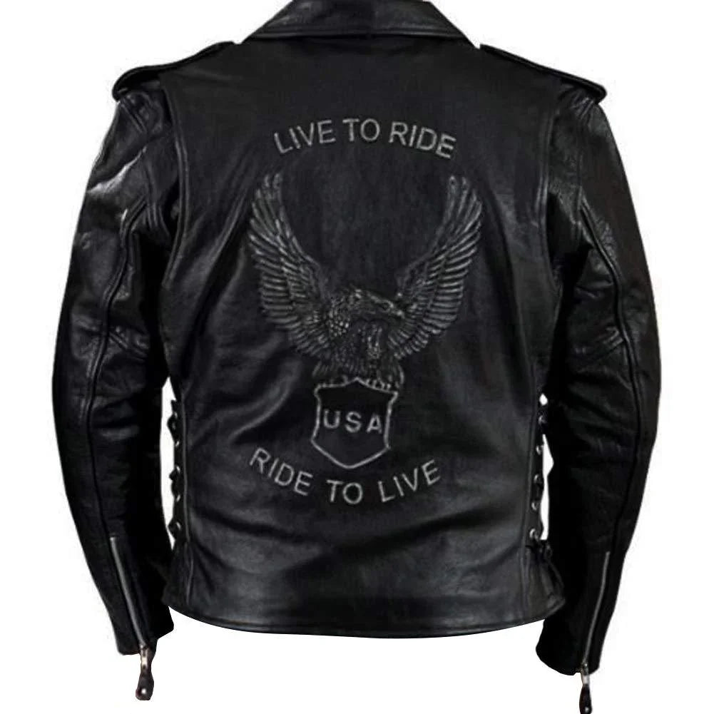 men's premium leather black embossed eagle motorcycle jacket -